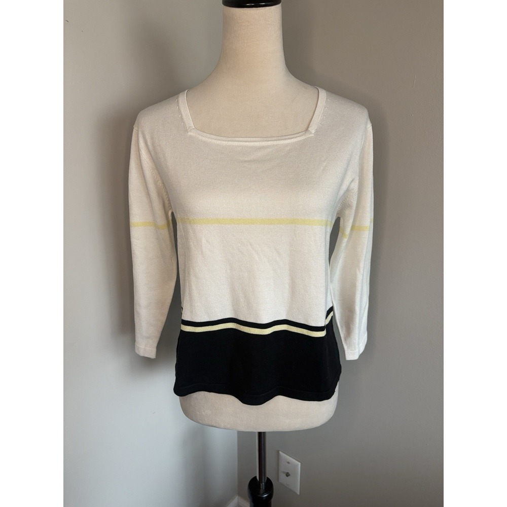 VTG City Silk Knitwear Sweater NWT White Yellow Black Stripe 3/4 Sleeve Large